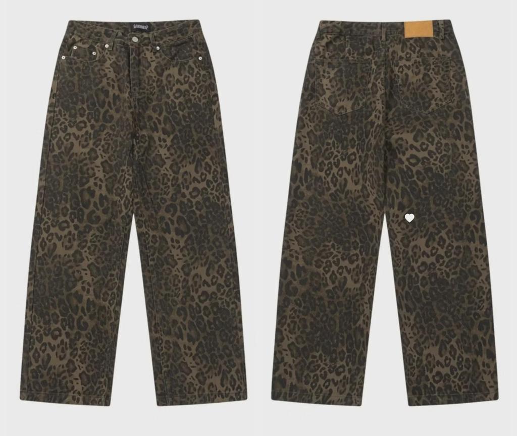 2023 Новые американские джинсы прямого покроя с леопардовым принтом в стиле ретро для мужчин и женщин - модные повседневные брюки осень/зима