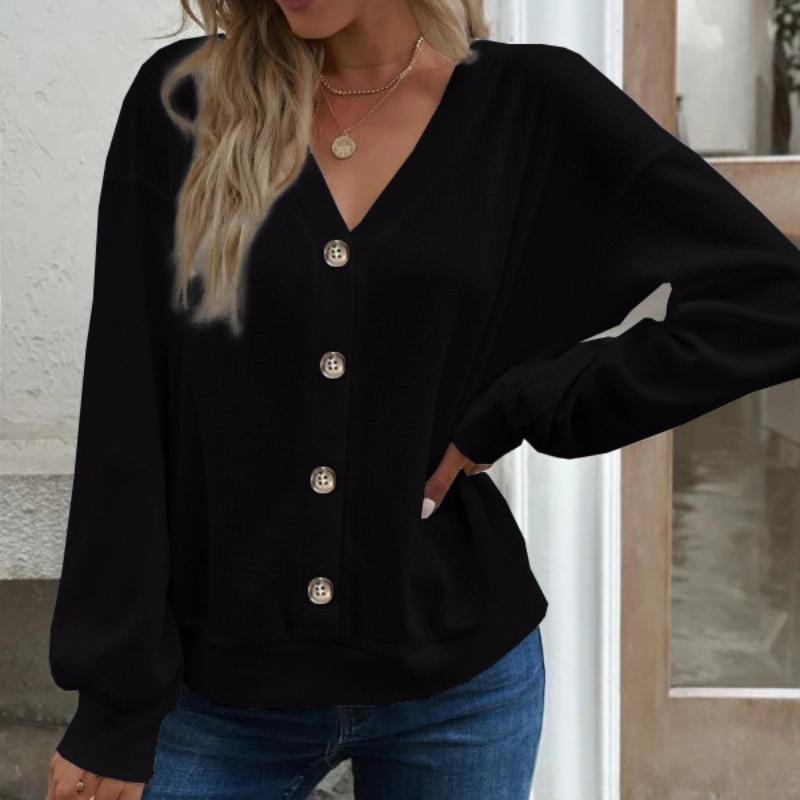 Осенне-зимний женский топ с длинными рукавами и v-образным вырезом, свободная женская футболка с v-образным вырезом на пуговицах и длинными рукавами