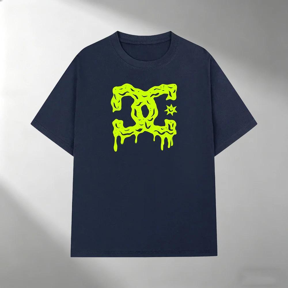 Unisex Pure Cotton T Shirt Fluorescent Green Melting Logo Print Short Sleeve Top Casual Streetwear Loose Male Summer Daily Wear Tee