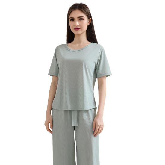Women's Summer Pajama Set Round Neck Short Sleeve Top And Pants Sleepwear Set Casual Loose Two Piece Lounge Set