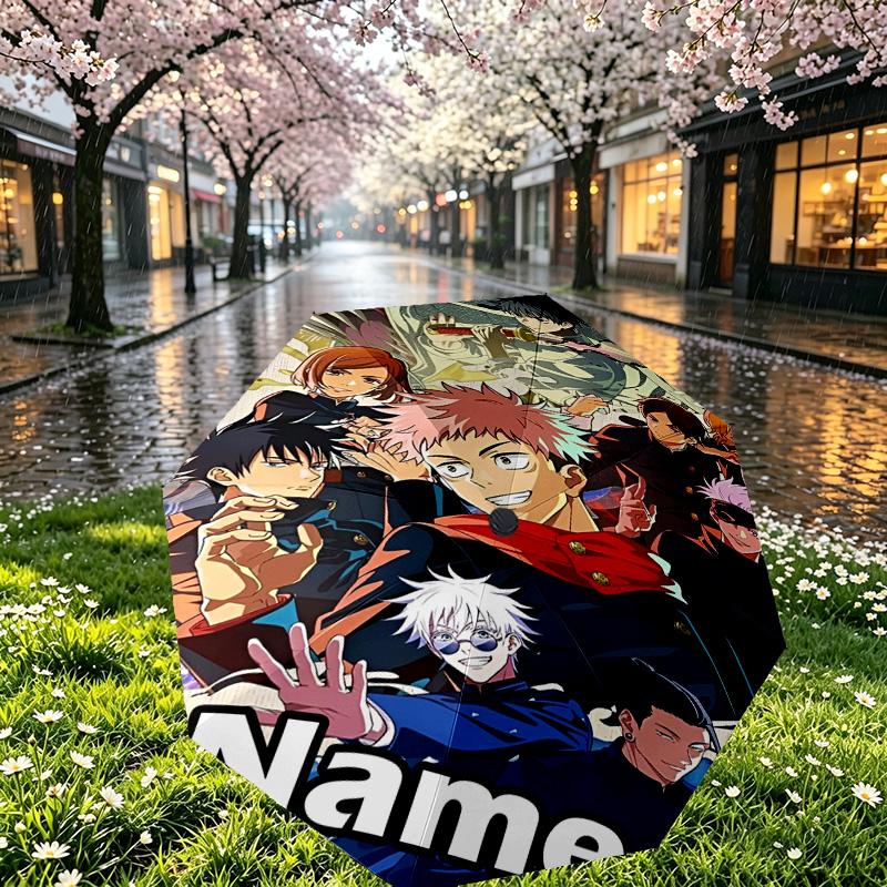 Custom Name Personalized Jujutsu Kaisen Print Umbrella, Auto Open Close, 8‑Rib Sturdy Frame, Commute Camping Hiking Use, Birthday Gift
