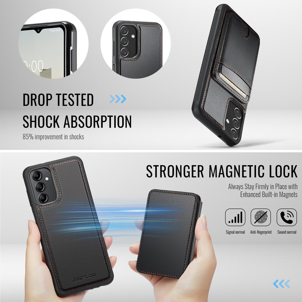 Для Samsung Galaxy A14 4G/Galaxy M44 5G/Galaxy A14 5G Магнитный чехол JEEHOOD J10 Кожаная задняя крышка телефона со съемным держателем для карт и подставкой