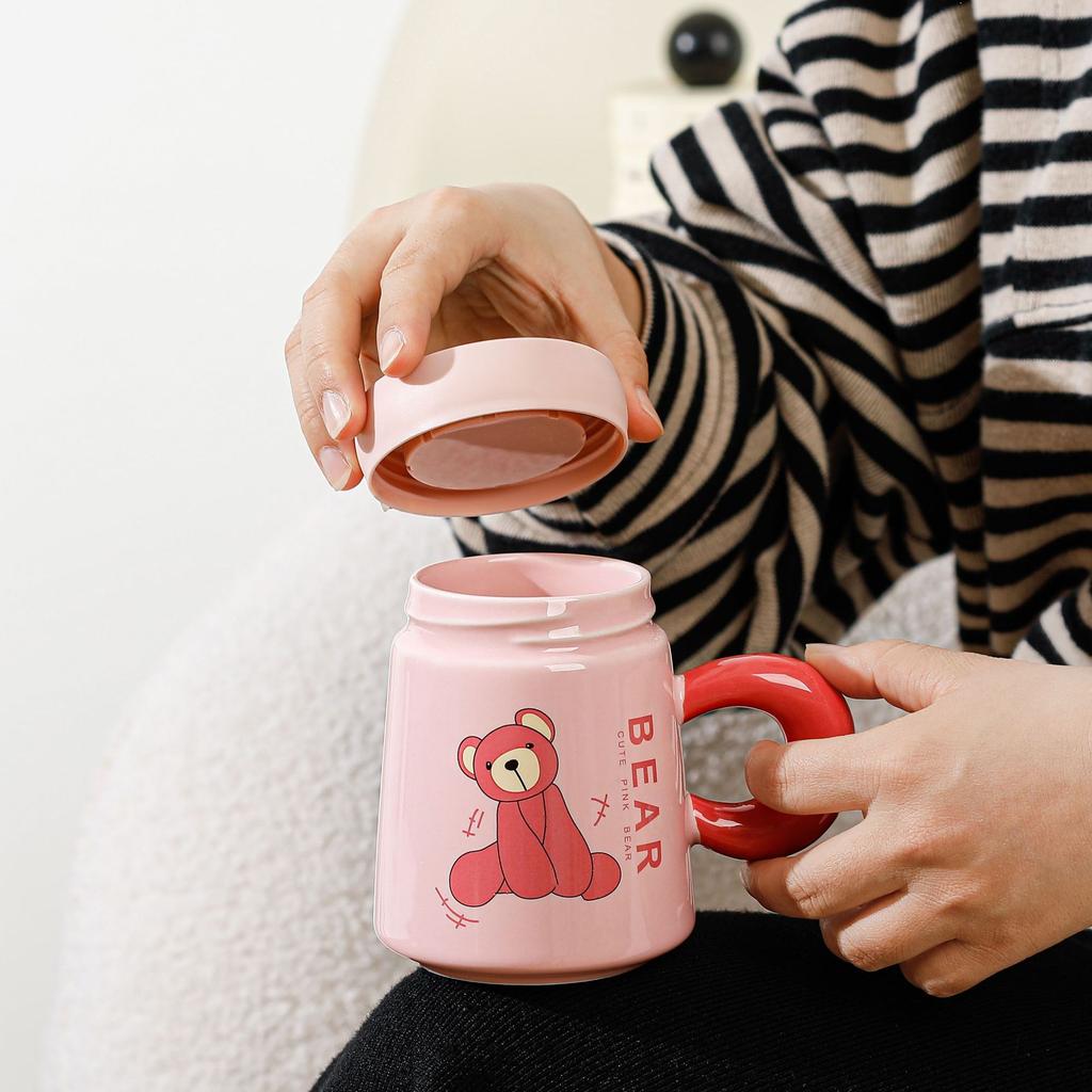 Милая мультяшная керамическая чашка с розовым медведем, зеркальная чашка, парная кружка, домашняя крышка, чашка для воды, рекламный подарочный стакан