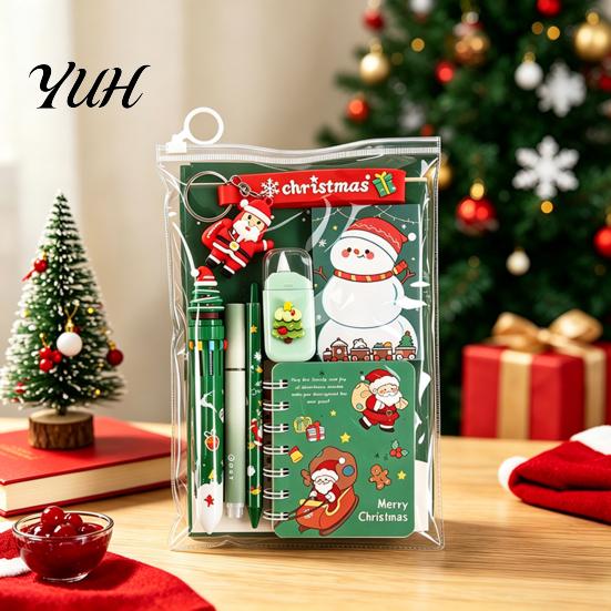Festive Santa Stationery Christmas Set for Kids, Claus Snowman Writing Pens And Erasers Patterns Print, Holiday School Supplies Students Practical