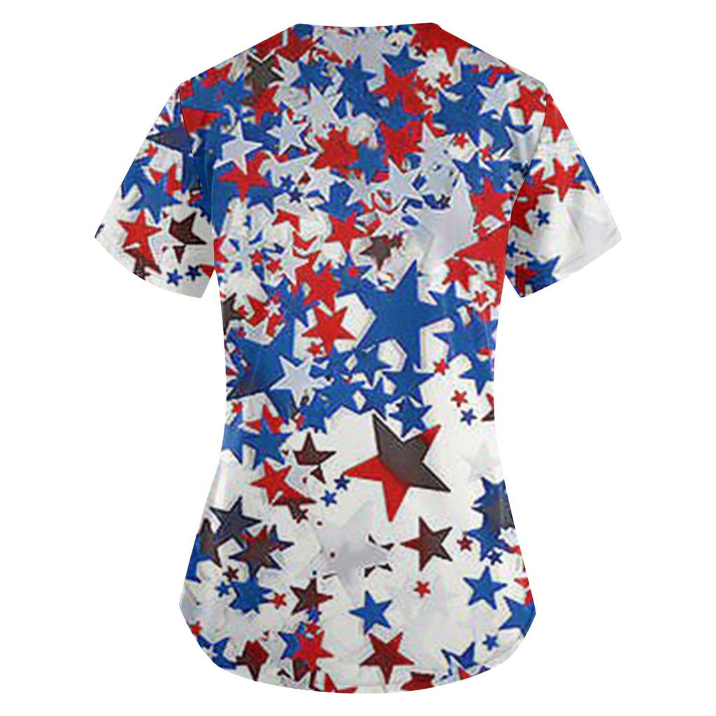 Женская рубашка с короткими рукавами и v-образным вырезом с принтом ко Дню независимости и карманами