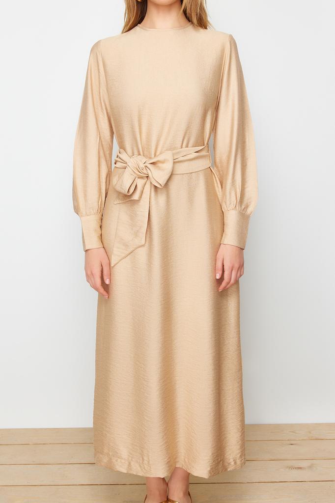 Женское модное новое платье-хиджаб светло-коричневого цвета с широким поясом на молнии и манжетами из тканого льняного платья