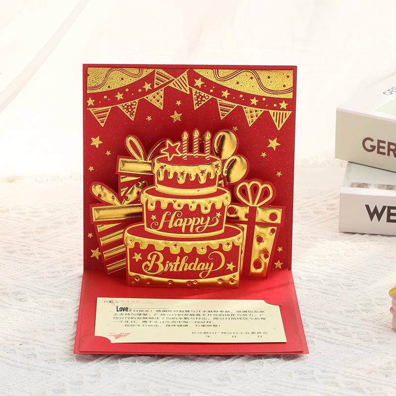 3D Pop-up Birthday Card with Red Envelope & Gold Cake Design - Handmade Paper Cut Blessing