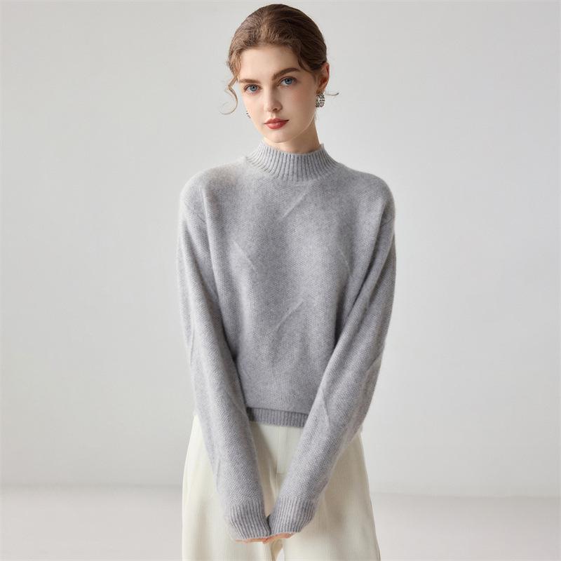 Women's Cashmere Jacquard Knit Sweater - Light Luxury Half-High Neck, Long Sleeve, Loose Fit, Skin-Friendly Base Layer.