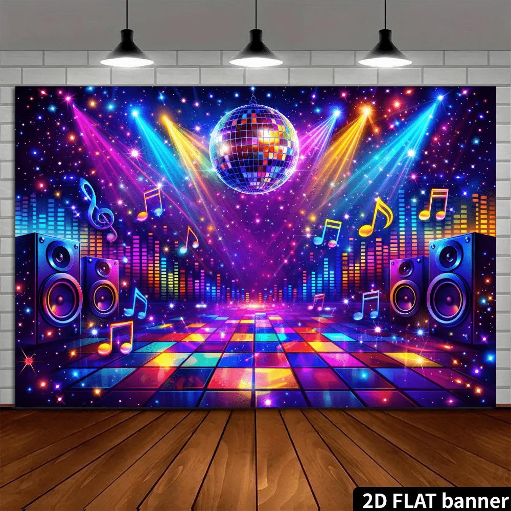2D flat disco music background mirrored ball and rainbow dance floor elements balanced note decoration