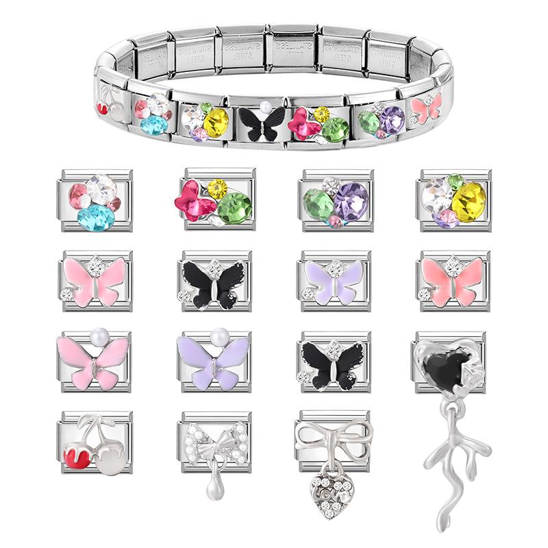 Shiny Colorful Crystal Butterfly Bow Knot Heart Italian Charm Links Fit 9mm Stainless Steel Bracelet Women Y2K DIY Making Gift