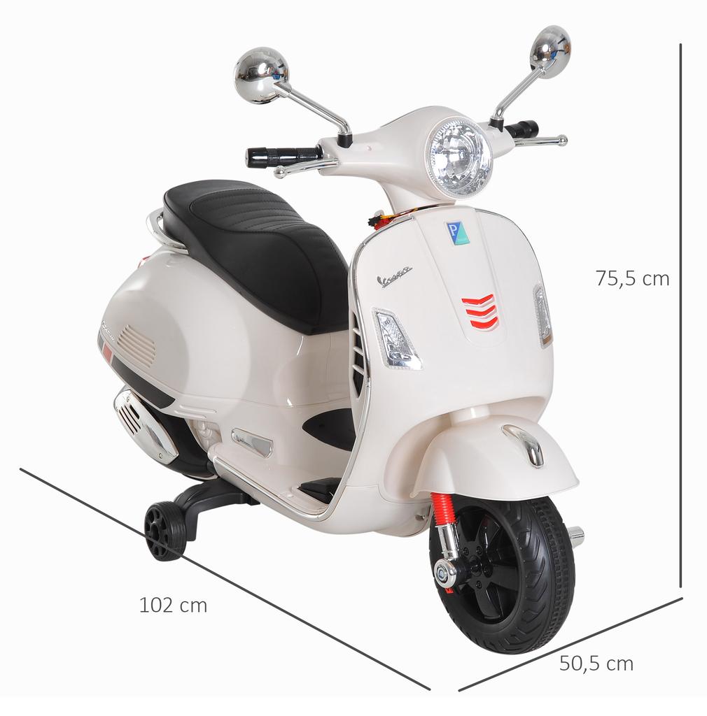 Vespa Scooter Kids Electric Motorcycle 6 V dim. 102L x 51W x 76H cm Music MP3 USB Port Horn Headlight Rear Light White