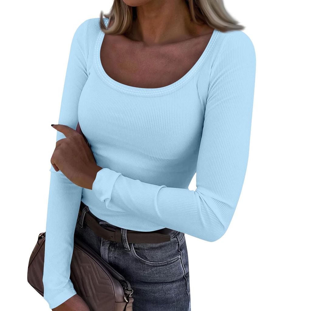 Women's  And Winter Slim Bottom T-shirt Fashion Casual Solid Color U Neck Pullover Long Sleeve Top