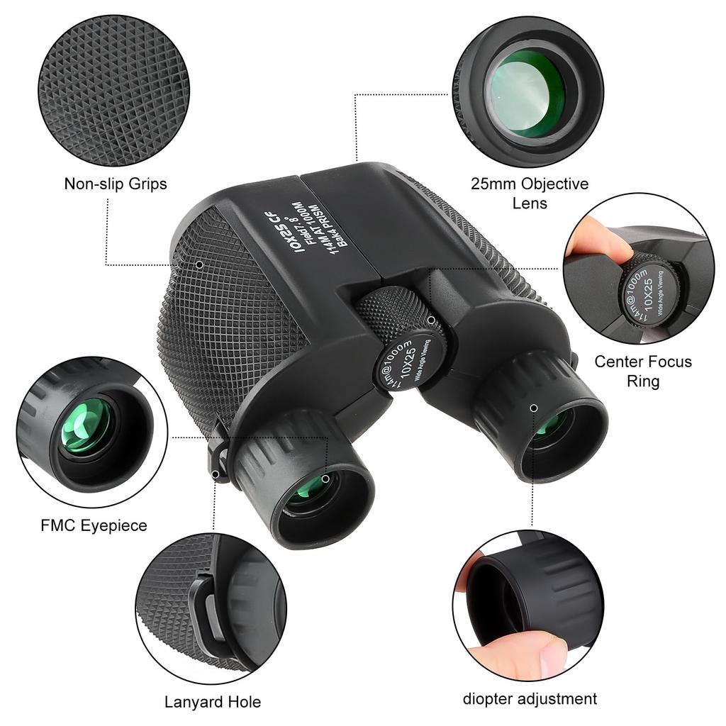 FOCUHUNTER 10x25 Compact Binoculars with Case and Focus BAK9 Prism for Adults and Children Wheel, Multi-Coated Telescope, Waterproof, Birdwatching,