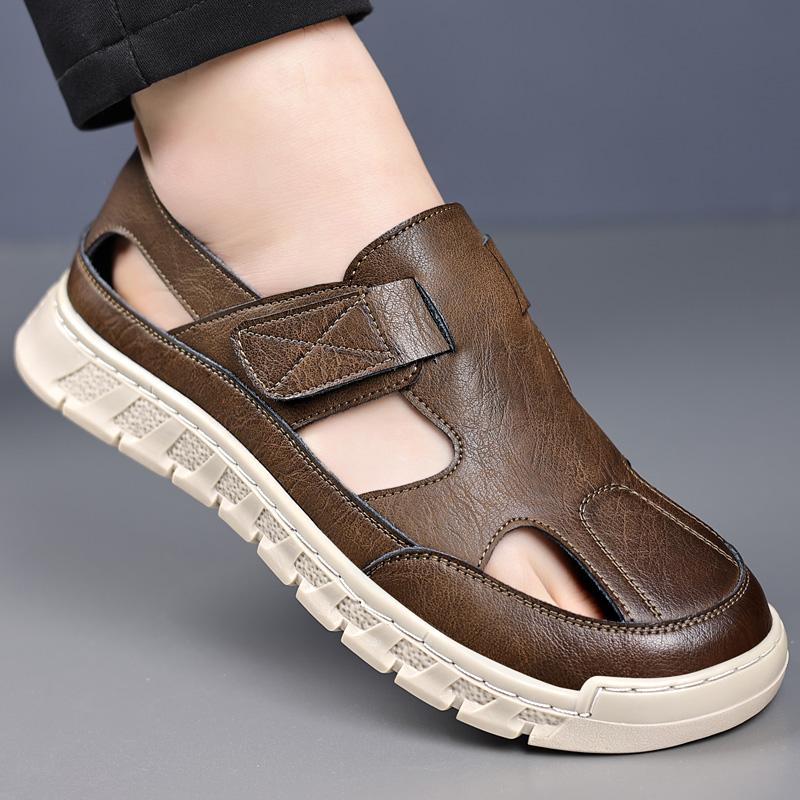 Fashion Men Soft Sole Comfort Sport Sandals Outdoor Light Beach Split Cow Leather Hollow Out Shoes Summer Anti-Slip Casual Men Sandals