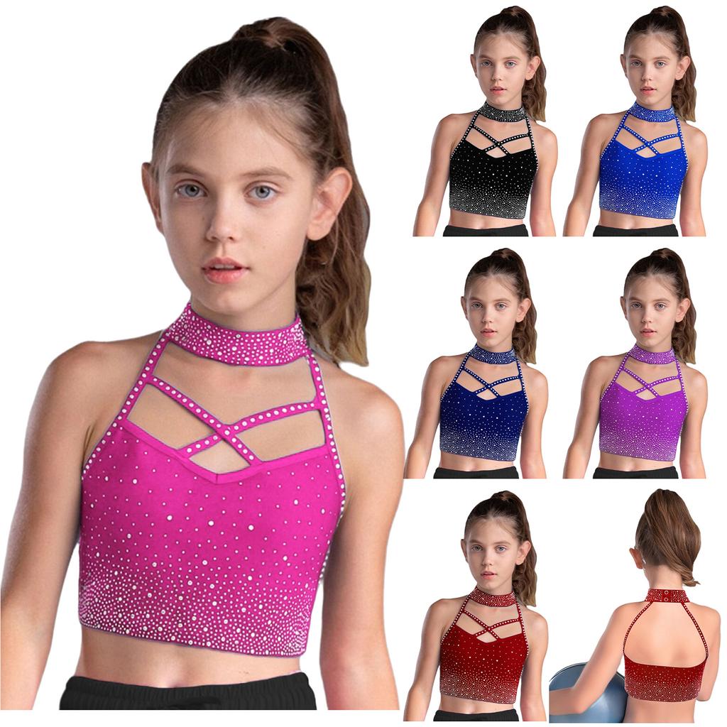 Girls Gymnastics Crop Top Halter Neck with Sparkling Rhinestones Cross Front Backless Dance Performance Costume