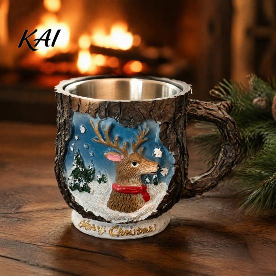 Christmas Party Supplies Theme Mug with Stainless Steel Liner, 3D Relief Hand Decorative Beverage Cups Painted Resin Coffee Cup, Drinkware for Holiday