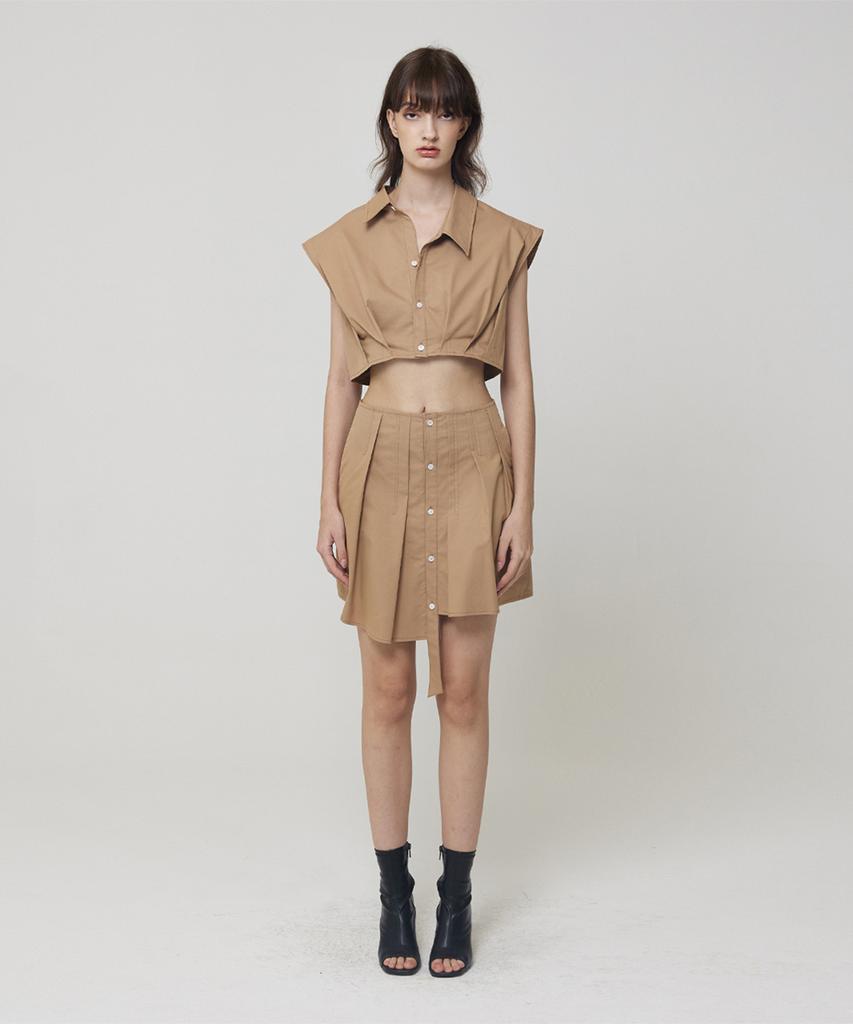 Meuameu Pin Tuck Sleeveless Crop Shirt Set-Up