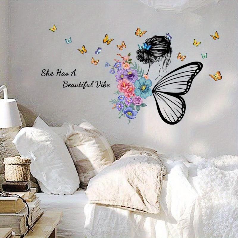2 Pcs Wall Sticker Butterfly English Slogan Girl Flower Wall Sticker Paper Living Room Decoration Self Adhesive