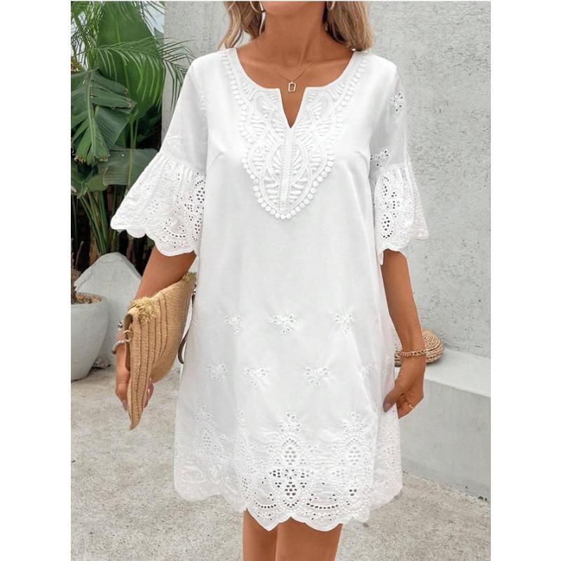 BITCED Fashion Solid Color Print 3/4 Sleeves V-Neck Casual Dresses