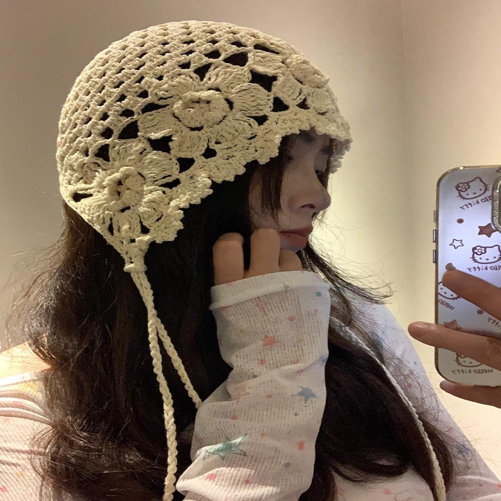 Fashion Handwoven Hollow Baotou Hat Women'S Crochet Ethnic Style Tassel Ear Protector Strap Sleeve Knitted Hat