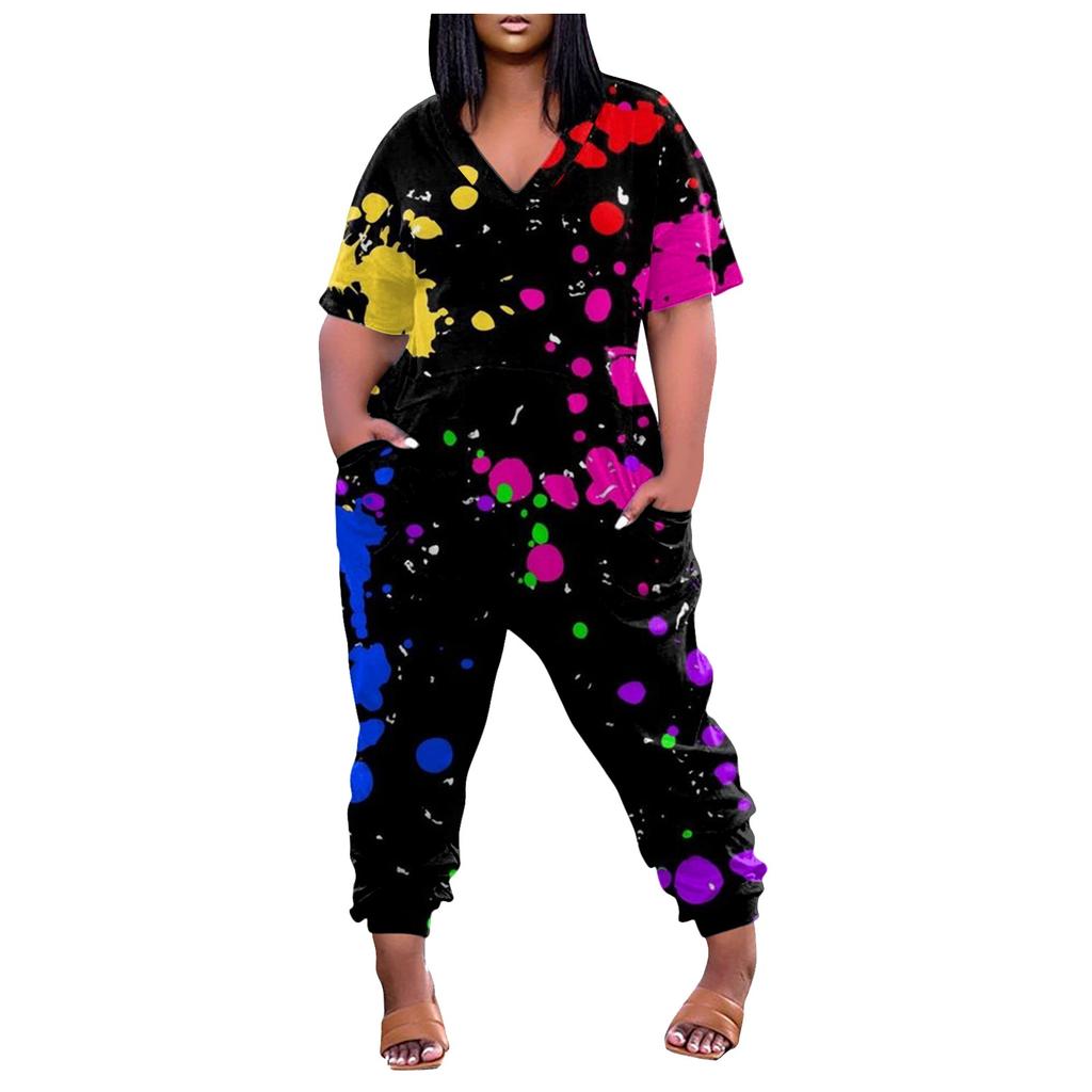 Женские повседневные комбинезоны на молнии с V-образным вырезом и короткими рукавами больших размеров с карманами, широкие длинные комбинезоны
