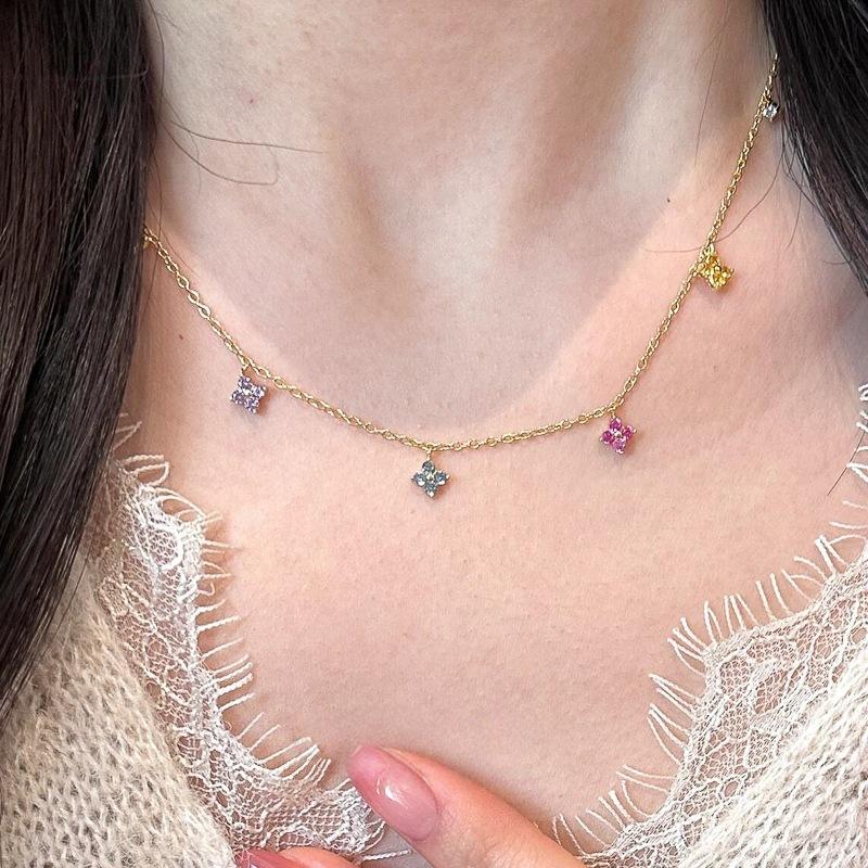 Genuine 925 Sterling Silver Colorful Zircon Flower Chain Necklace for Women Girl Gift Collar New