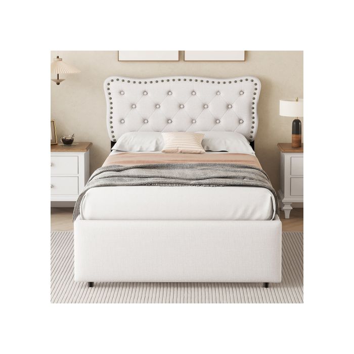 Lit - MUVOE - 90x200 cm - Beige clair - Rembourré avec tiroirs - Design élégant