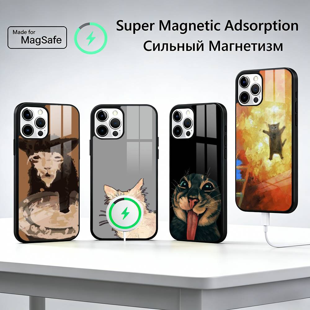 Кошачьи мемы F-Смешной милый чехол для телефона для iPhone17,16,15,14,13,12,11 Plus,Pro Магнитный для Magsafe Беспроводной зарядки