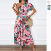 Summer New Sexy Slant Neck Printed Bohemian Seaside Vacation Long Skirt Dress