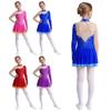 Girls Figure Skating Dress Long Sleeve Keyhole Back Glittery Rhinestones Color Block Mesh Patchwork Dance Costume