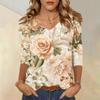 Женские топы, рубашка с рукавом три четверти, свободная повседневная рубашка с V-образным вырезом, футболка с цветочным принтом