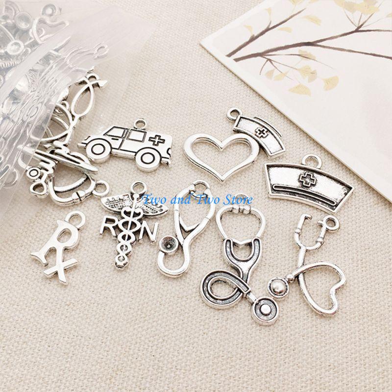 HX6F 72Pcs Mixed Antique Silver Doctor Nurse Charms Stethoscope Ambulance Pendant for DIY Necklace Bracelet Jewelry