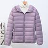 Down jacket women's European goods, light and fashionable hooded short, large size plus fat white duck down stand-up collar warm jacket