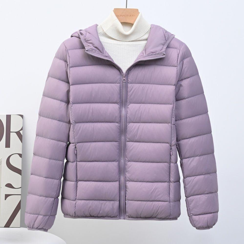 Down jacket women's European goods, light and fashionable hooded short, large size plus fat white duck down stand-up collar warm jacket