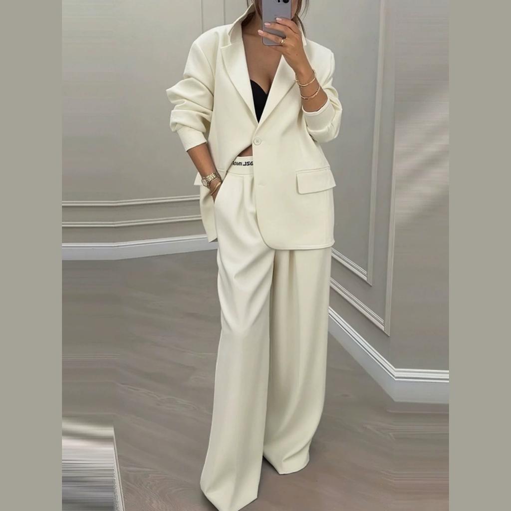 Темпераментный костюм-блейзер Женские брюки Свободный однотонный Осенне-зимний Для работы С длинным рукавом С лацканами Топ Брюки широкие от бедра Комплект из двух предметов