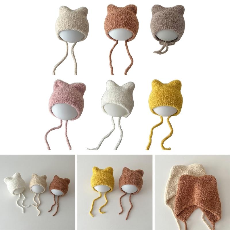 Soft Cat Ear Baby Beanies Cap Infant Ear Protections Hat Cartoon Warm Bonnet Shower Gift Photo Props for Boys and Girl