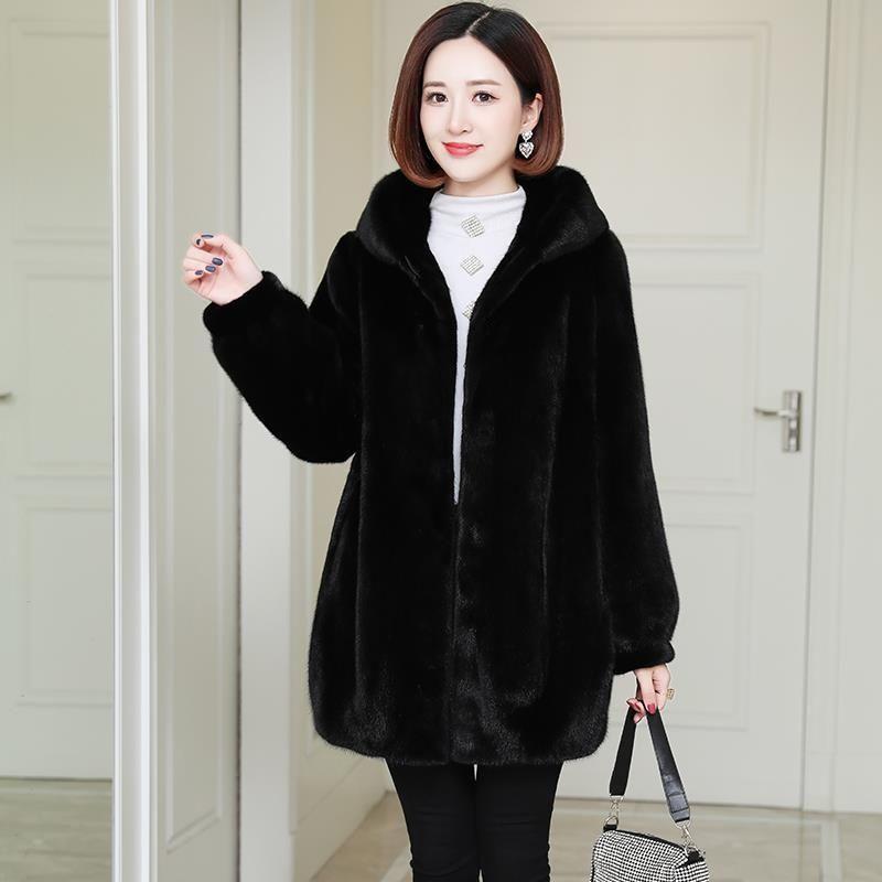 Winter Faux Mink Fleece Fur Coat Women Midi Stand Collar Faux Fur Jacket Thick Warm Loose Female Elegant Parka Outwear Plus Size