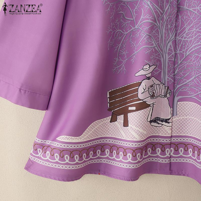 ZANZEA Women Casual Stand Collar Loose 3/4 Sleeve Print Blouse