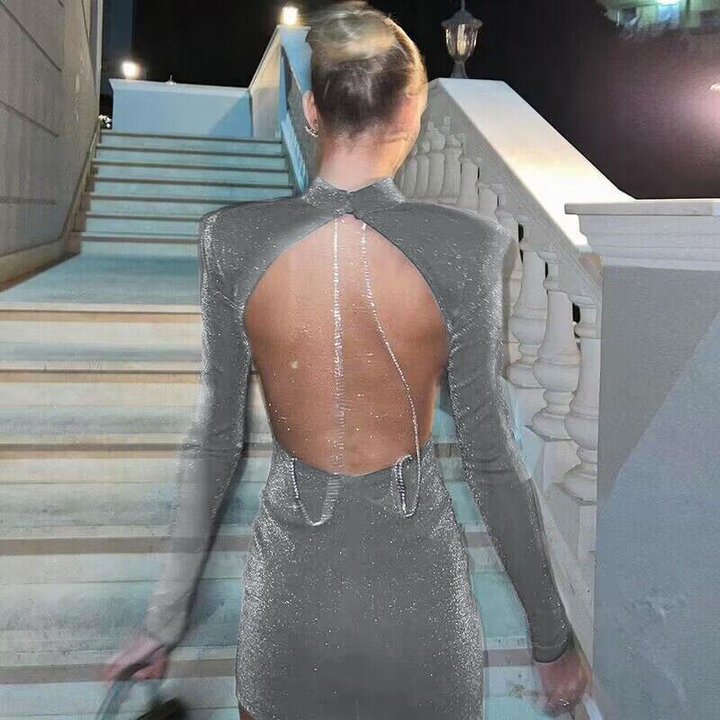 Women, Spring Autumn, Sexy, Backless, Chain, Glitter, Party, Elegant, Outfits, Long Sleeve, Mini Dress