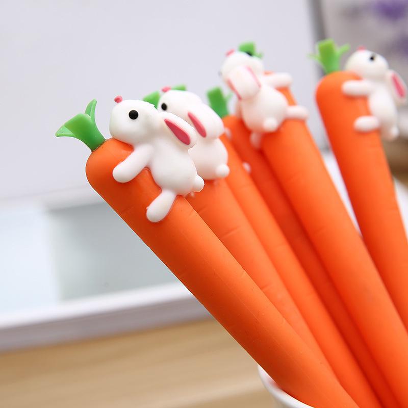 Cartoon Style White Rabbit Eating Radish Shaped Signature Pen