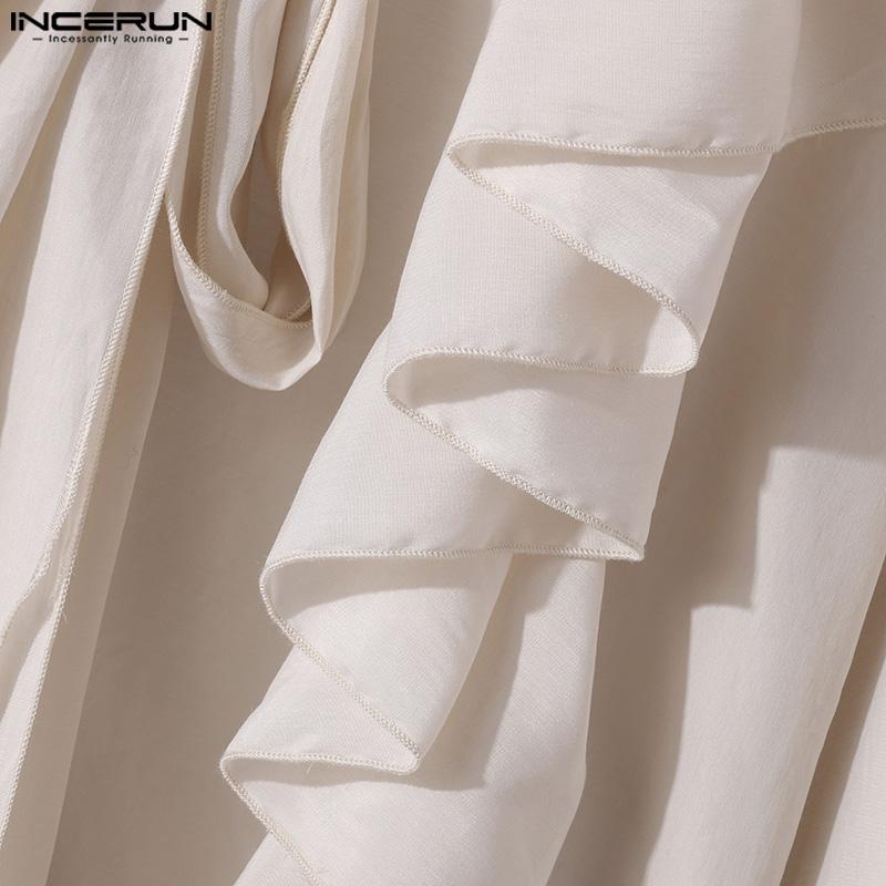 INCERUN Мужские рубашки с длинным рукавом и оборками, завязывающиеся на резинке, прозрачные многослойные топы с воланами