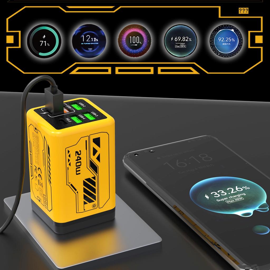 Быстрое зарядное устройство PD240W в стиле меха: 4 порта USB и 2 порта Type-C, Совместимость с устройствами Apple и Huawei