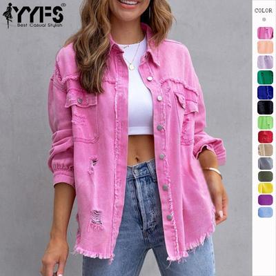 Женская модная рваная джинсовая женская осенне-зимняя повседневная куртка с длинными рукавами и лацканами