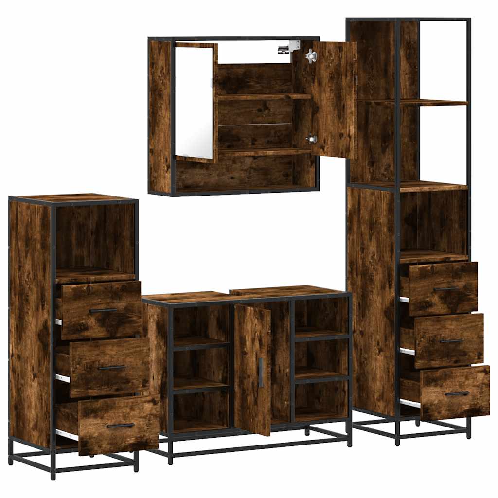4 Piece Bathroom Furniture Set Smoked Oak Wood Based Material