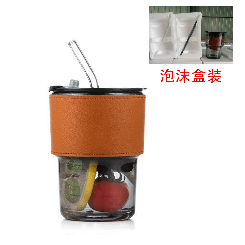 400mL Glass Cup Heat Resistant Glass Straw With Cover Coffee Cup Leak Proof Cup Tea Cup Leather Cup Set Tableware Mug