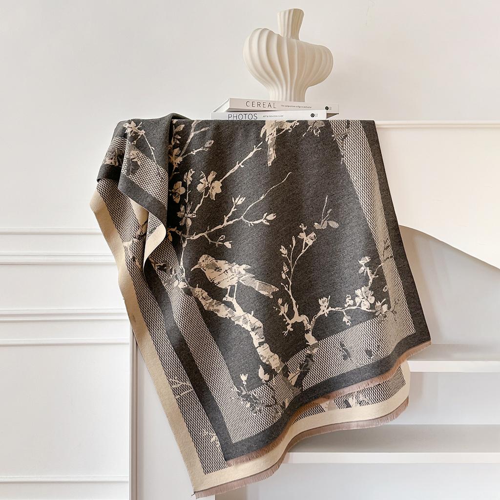 Шарф Цветок Женский Осенне-Зимний Утолщенный Имитация Кашемира Принтованная Шаль Универсальный Теплый Шарф