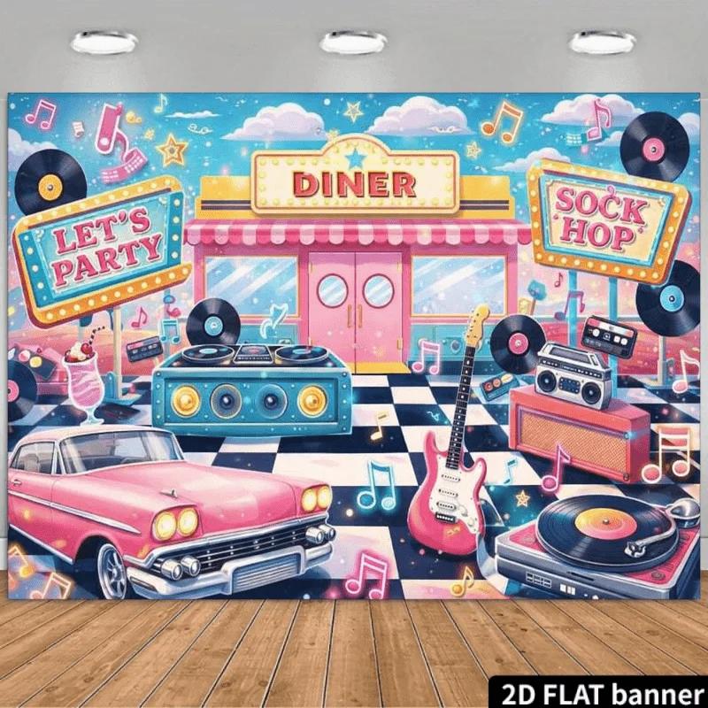 2D planar retro American restaurant party backdrop. 50s theme. Pink bar stools and black and white checkered floor decor