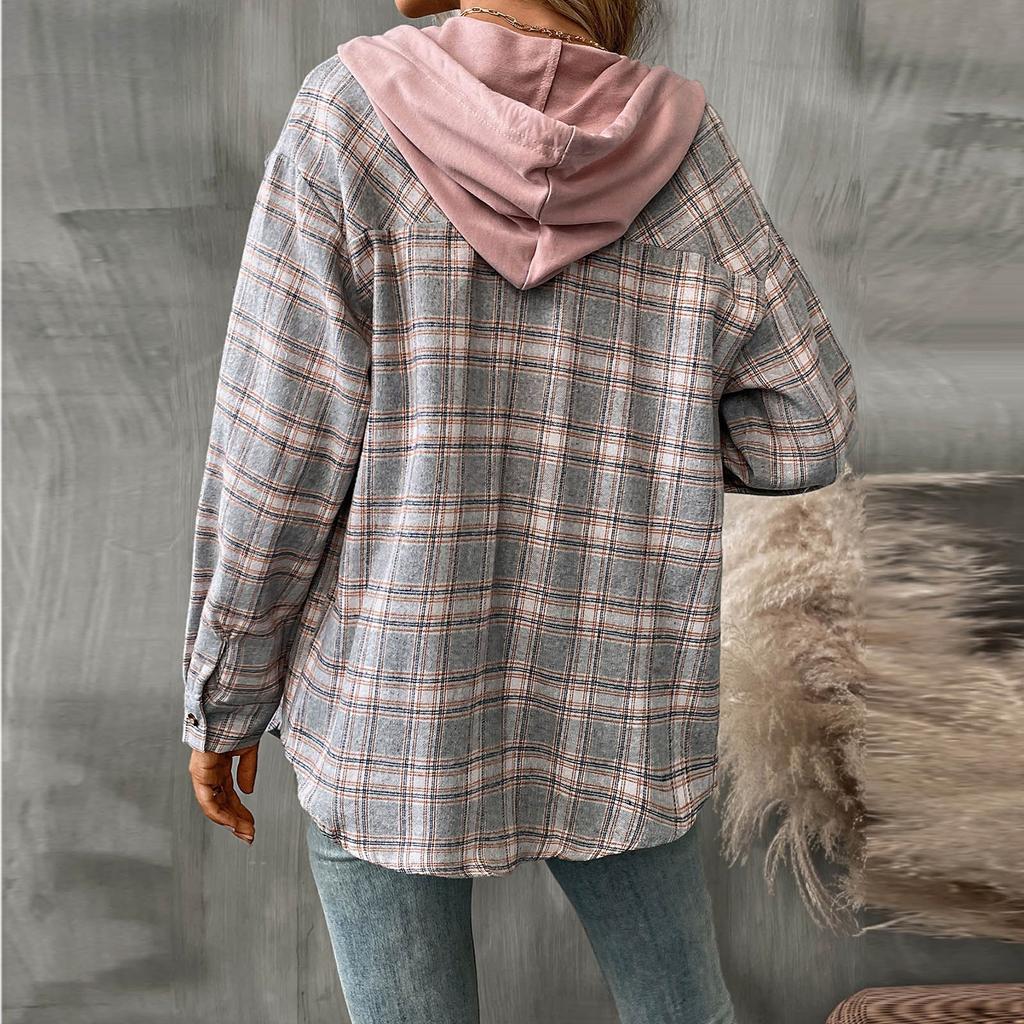 Женская модная широкая клетчатая куртка-рубашка с длинными рукавами и карманами на пуговицах и капюшоном