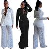 Women's Sexy Lace Autumn Crochet Collar Long Sleeve Pants Set