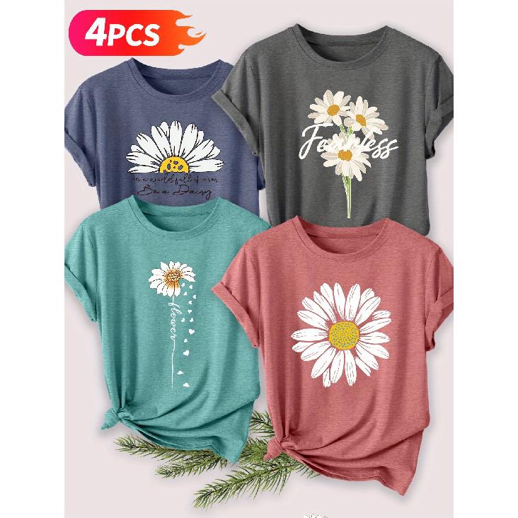 Four-piece set of elegant short-sleeved tops for women Floral and plant-themed print fashion retro-style women's casual sporty top for spring,